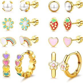Florideco Hypoallergenic Earrings for Women 316 Surgical Steel Earrings for Sensitive Ears Cute Small Daisy Hoop Earring Heart Flower Strawberry Rainbow Pearl Flat Back Earring Sets