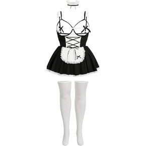 Wdirara Women's Plus Size 5 قطعة خادمة الملابس الداخلية مجموعة Teddy Halloween Costume Hollow Lace Bow Nightdress