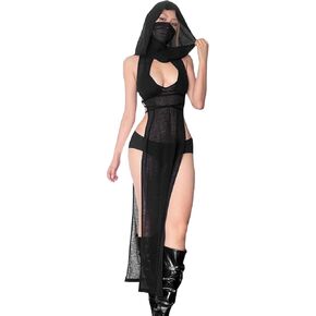 Women High Split Hooded Rave Outfits Goth Devil Cosplay Costume Sheer Transparent Lingerie Dress