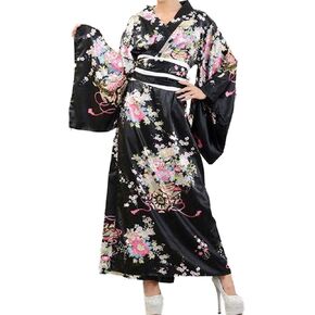 HongH Kimono Bathrobe Costume Japanese Traditional Yukata Cosplay Women's Sexy Sakura Pattern (Black Long Kimono), Large