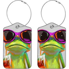 2 Pcs Luggage Tags, Funny Frog Drinking Juice Prints PU Leather Luggage Tag with Privacy Flap Name ID Label for Suitcase Travel Bag Backpack