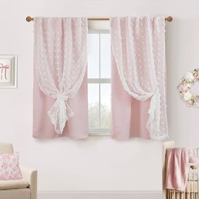 Short Blackout Curtains for Bedroom Windows,Boho Pink White Sheer Overlay Pom Pom Ruffle Double Layer Privacy Curtains for Nursery Girls Room Bathroom 45 Inch Length
