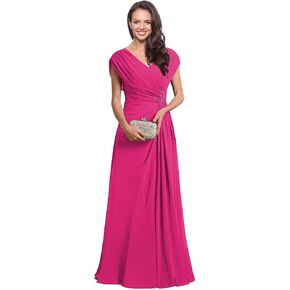 Miao Duo Cap Sleeves Long A Line Mother of The Bride Dress for Women Elegant Hot Pink Pleated Chiffon Formal Dresses for Wedding 12