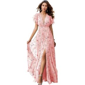 V Neck Chiffon Bridesmaid Dress with Slit Flutter Sleeve Chiffon Pleated Formal Prom Dresses for Women