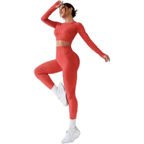 Women's Workout Outfits 2 Pieces Yoga Suits Long Sleeve Crop Top Sport Leggings Active Gym Set