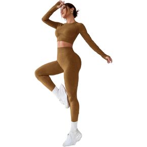 Women's Workout Outfits 2 Pieces Yoga Suits Long Sleeve Crop Top Sport Leggings Active Gym Set in Kuwait