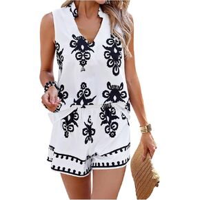 GORGLITTER Women's Cruise Vacation Outfits 2 Piece Shorts Set Graphic Notch Neck Hawaiian Vest and Shorts Set