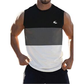 Men's Color Block Gym Workout Tank Top Round Neck Sleeveless Muscle Shirts Cut Off Shirt