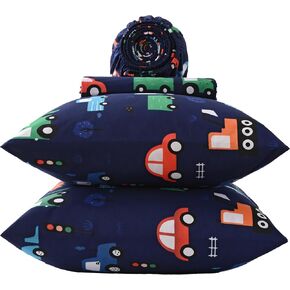 Car Kids Comforter Set for Boys Full Size, Cute Reversible Quilted Navy Blue Printed Construction Toddler Bedding Set with Pillow Sham, Lightweight Soft Breathable Machine Washable Bed Set 3 Piece in Saudi Arabia