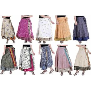 Wrap Around Skirt Wholesale Lot of 10 Pcs Printed Reversible Two Layer Long Indian Vintage Sari Skirts Multicolor