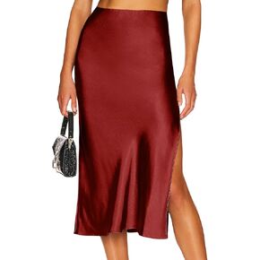 Ezcosplay Women Satin Midi Skirt High مرنة مرنة من الانزلاق تنورات حرير غير رسمية مع شق