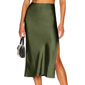 Ezcosplay Women Satin Midi Skirt High Elastic Waisted Satin Slip Skirts Casual Silk Skirt with Slit in Saudi Arabia