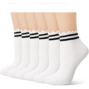 Jspupifip 6 Pairs White Frilly Socks Women Striped Ruffle Socks Woman Cotton Cute White Ankle Socks Breathable Casual Crew Socks for Womens Ladies Girls