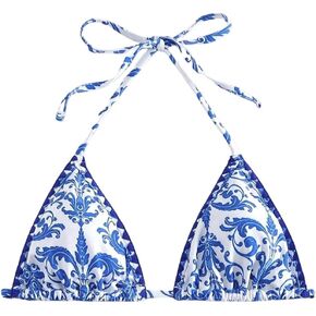 MakeMeChic Women's Floral Print Bikini Top Halter Ruched Triangle Contrast Binding Swimsuit Tops