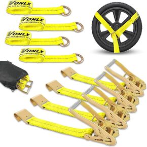 2 Pack Car Tie Down Straps with Twist Buckle Hooks, 2 inch x 96 inch Axle Mounting Combo Strap with Spring Hook Ratchet 3,300 lbs Safe Working Load, Towable Cars, Race Cars, Trucks, ATV/UTV/SUV