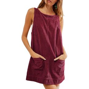 Women's Round Neck Corduroy Overall Dresses Casual Sleeveless Pinafore Dress Mini Jumper Dress with Pockets