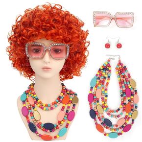 Women Rope Curly Orange Red Cosplay Wig with Necklace Earrings and Sunglasses for Women Hallween Costume Wig