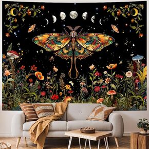 Amtoodopin Orange Butterfly Tapestry Retro Floral Flower Tapestries Moon Phase Wall Art Aesthetic Vintage Boho Wall Tapestry Botanical Mushroom Tapestries Wall Hanging for Bedroom