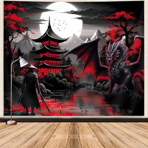 Anime Samurai Tapestry, Cool Red and Black Medieval Fantasy Dragon Tapestry Wall Hanging for Men, Mountain Forest Nature Sunset Dark Asia Japanese Tapestries Aesthetic for Living Room College, 60x40