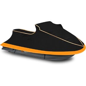 Jet Ski Cover, Heavy Duty Waterproof Jetski Covers, 3 Seater PWC Cover with Reflective Strips and Vents for Seadoo Yamaha Kawasaki Polaris, Fits Lengths from 136-145" (Black&Orange)