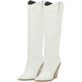 Womens Stacked Chunky Heel Cowgirl Knee High Pointed Toe Cowboy Boots(White,US Size 10)
