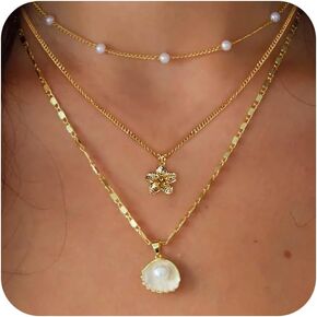 Charm Necklaces for Women,14k Gold Plated Waterproof Dainty Choker Necklace Summer Seashell Pearl Beach Cute Necklaces Set Fashion Jewelry Gift