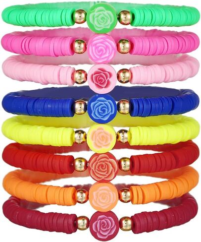 Preppy Jewelry Bracelets for Women Handmade Friendship Bracelets Clay Bead Colorful Surfer Heishi Bracelet Set Stackable Boho Y2K Summer Beach Elastic Layering Bracelets in Saudi Arabia