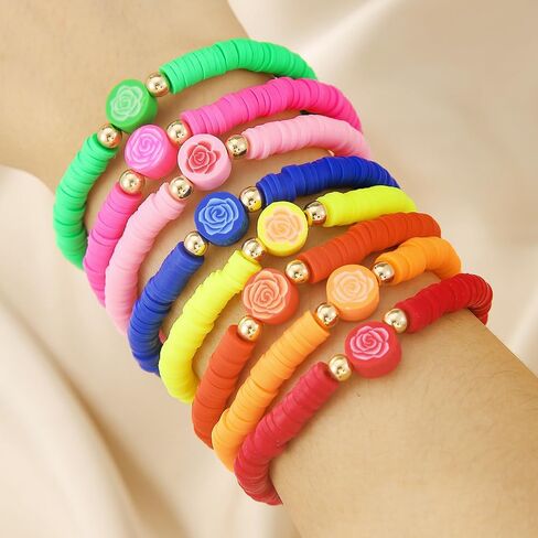 Preppy Jewelry Bracelets for Women Handmade Friendship Bracelets Clay Bead Colorful Surfer Heishi Bracelet Set Stackable Boho Y2K Summer Beach Elastic Layering Bracelets in Saudi Arabia