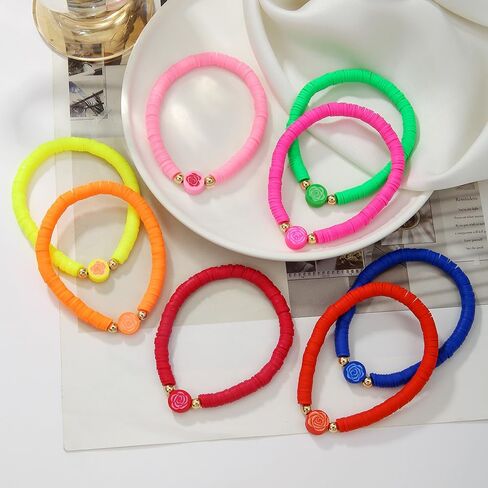 Preppy Jewelry Bracelets for Women Handmade Friendship Bracelets Clay Bead Colorful Surfer Heishi Bracelet Set Stackable Boho Y2K Summer Beach Elastic Layering Bracelets in Saudi Arabia