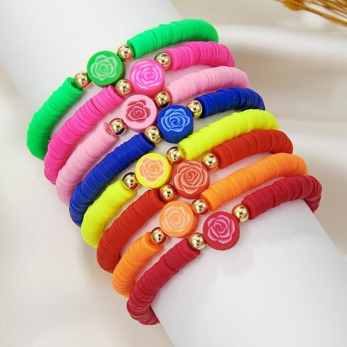 Preppy Jewelry Bracelets for Women Handmade Friendship Bracelets Clay Bead Colorful Surfer Heishi Bracelet Set Stackable Boho Y2K Summer Beach Elastic Layering Bracelets in Saudi Arabia