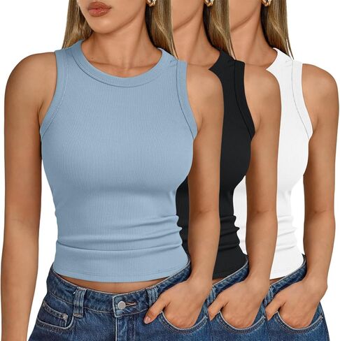 SUNBS Womens 3 Pack Tank Tops Summer 2025 Sleeveless Racerback Ribbed Workout High Neck Basic Trendy Fashion Clothes in Kuwait