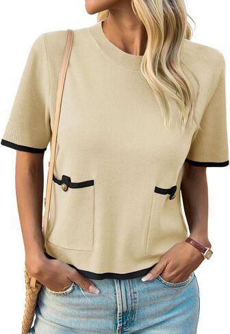 Saodimallsu Womens Short Sleeve Sweater Color Block Crew Neck Summer Crop Tops Loose Casual Knit Shirts with Pockets in Saudi Arabia