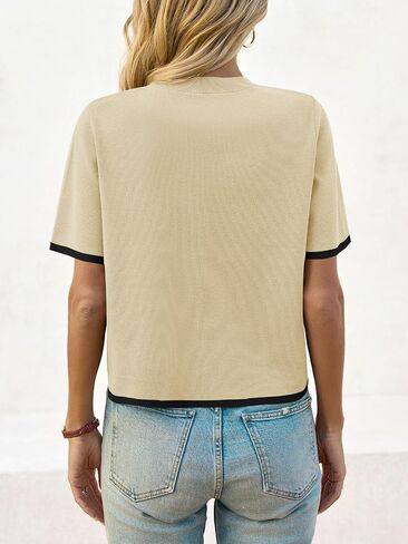 Saodimallsu Womens Short Sleeve Sweater Color Block Crew Neck Summer Crop Tops Loose Casual Knit Shirts with Pockets in Saudi Arabia