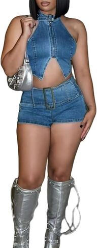 Tbahhir Sexy 2 Piece Denim Outfits for Women, Sleeveless Crop Top and High Waisted Jean Shorts Stretchy Sets Summer in Saudi Arabia