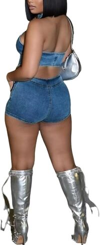 Tbahhir Sexy 2 Piece Denim Outfits for Women, Sleeveless Crop Top and High Waisted Jean Shorts Stretchy Sets Summer in Saudi Arabia