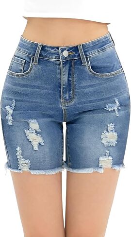 Women's Casual Summer Ripped High Waisted Denim Shorts Stretch Distressed Frayed Raw Hem Jean Shorts in Saudi Arabia