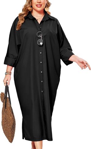 ZOMVA 2025 Plus Size 0X-4X Casual Button Down Maxi Shirts Dress with Pockets Oversized Striped Long Sleeve Clothing Outfits in Kuwait