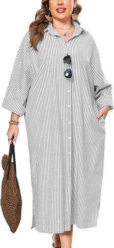ZOMVA 2025 Plus Size 0X-4X Casual Button Down Maxi Shirts Dress with Pockets Oversized Striped Long Sleeve Clothing Outfits in Kuwait