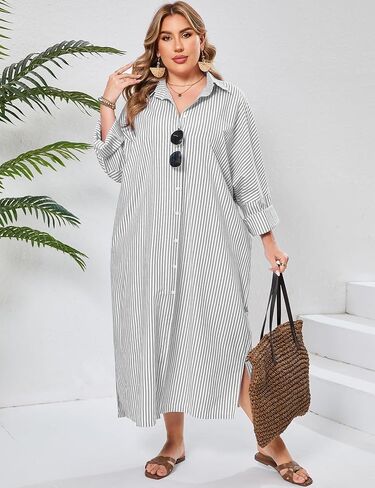ZOMVA 2025 Plus Size 0X-4X Casual Button Down Maxi Shirts Dress with Pockets Oversized Striped Long Sleeve Clothing Outfits in Kuwait