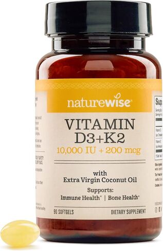 NatureWise Vitamin D3 10,000 IU Plus K2 (MK-7) 200 mcg with Organic Extra Virgin Coconut Oil - Supports Calcium Absorption, Bone, Heart & Immune Health - Non-GMO, Soy & Gluten-Free - 90 Softgels in Saudi Arabia