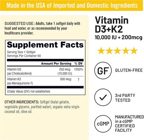 NatureWise Vitamin D3 10,000 IU Plus K2 (MK-7) 200 mcg with Organic Extra Virgin Coconut Oil - Supports Calcium Absorption, Bone, Heart & Immune Health - Non-GMO, Soy & Gluten-Free - 90 Softgels in Saudi Arabia
