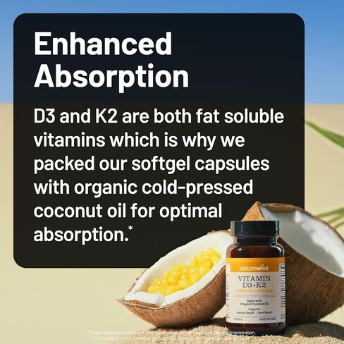 NatureWise Vitamin D3 10,000 IU Plus K2 (MK-7) 200 mcg with Organic Extra Virgin Coconut Oil - Supports Calcium Absorption, Bone, Heart & Immune Health - Non-GMO, Soy & Gluten-Free - 90 Softgels in Saudi Arabia