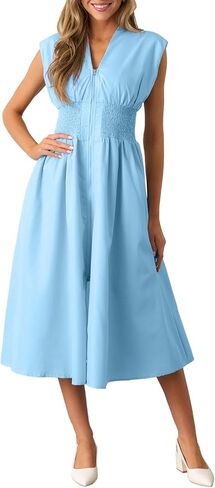 ROYLAMP Womens Summer Casual Dress Vintage Cocktail Wrap & Shape Dress V Neck Zipper Front Flowy Midi Dress with Pockets in Saudi Arabia