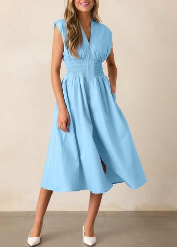 ROYLAMP Womens Summer Casual Dress Vintage Cocktail Wrap & Shape Dress V Neck Zipper Front Flowy Midi Dress with Pockets in Saudi Arabia