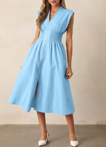 ROYLAMP Womens Summer Casual Dress Vintage Cocktail Wrap & Shape Dress V Neck Zipper Front Flowy Midi Dress with Pockets in Saudi Arabia