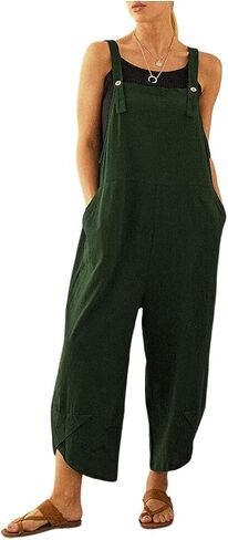 Women's Cotton Linen Dress Sleeveless Adjustable Summer Bib Overalls Jumpsuits with Pockets in Saudi Arabia