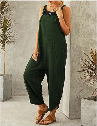 Women's Cotton Linen Dress Sleeveless Adjustable Summer Bib Overalls Jumpsuits with Pockets in Saudi Arabia