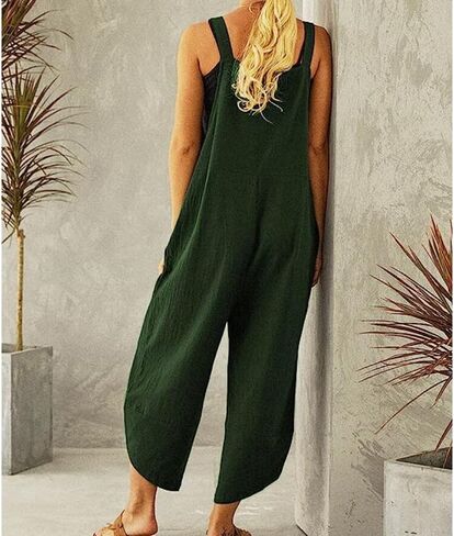 Women's Cotton Linen Dress Sleeveless Adjustable Summer Bib Overalls Jumpsuits with Pockets in Saudi Arabia