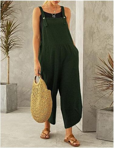 Women's Cotton Linen Dress Sleeveless Adjustable Summer Bib Overalls Jumpsuits with Pockets in Saudi Arabia