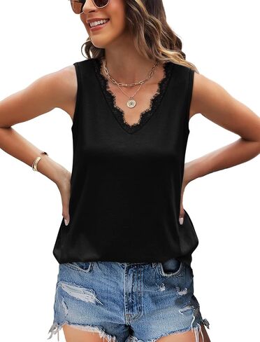 WIHOLL Womens Summer Tank Tops Loose Fit Lace V Neck Sleeveless Tops Shirts Dressy Casual Flowy(S-3XL) in Kuwait
